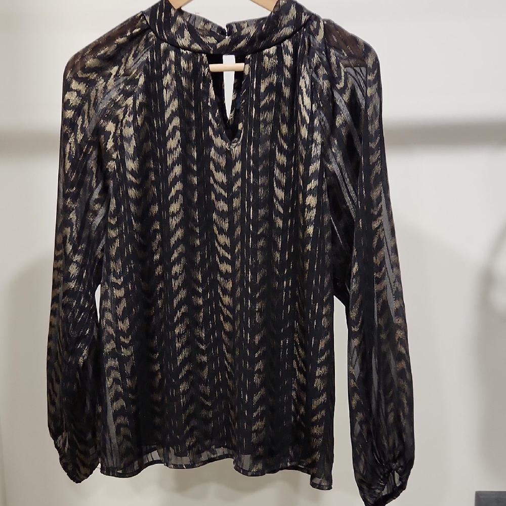 Sheer Black and Gold Patterned Long-Sleeve Blouse